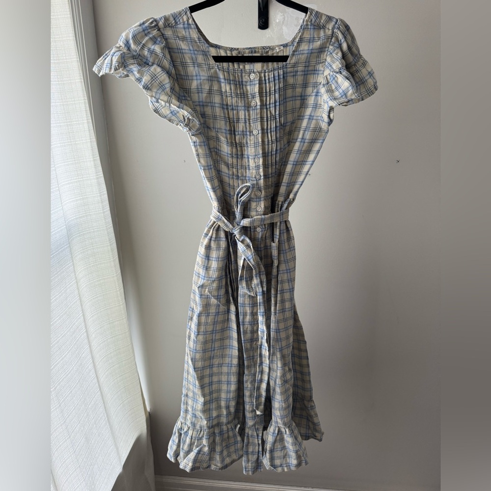 Doen Marfa Meadowlark Blue and Cream Plaid Midi Dress XS
